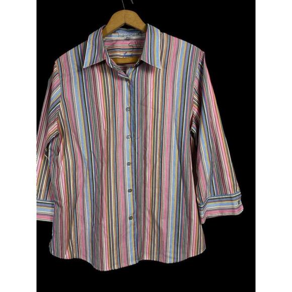 Foxcroft Shirt Top Size 12 Button Up Rainbow Stripe Blouse Wrinkle Free Shaped - Picture 4 of 9